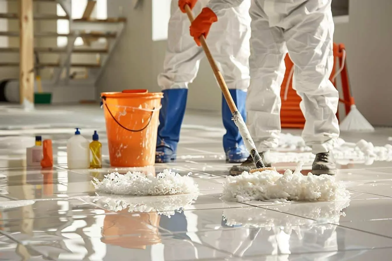 Carreleur nettoyant un carrelage fraîchement posé avec une éponge et un seau sur un chantier intérieur.