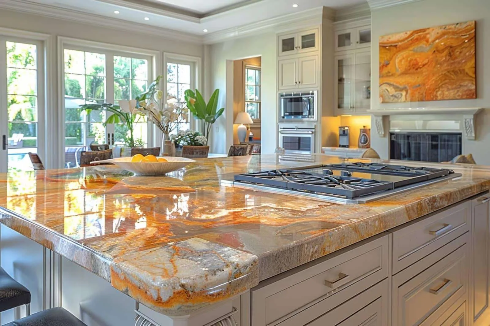 Cuisine contemporaine lumineuse avec un plan de travail sur mesure en pierre claire, évier intégré et rangements optimisés.