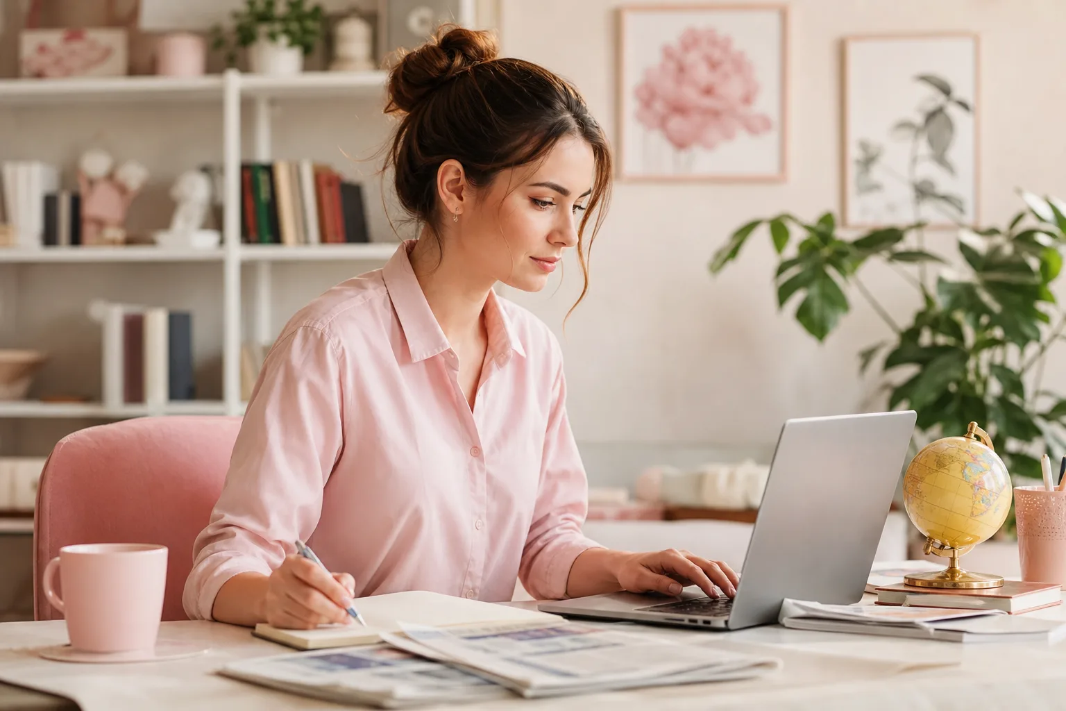 Femme lisant un article de presse international traduit sur une tablette, avec une carte du monde et des journaux en arrière-plan.