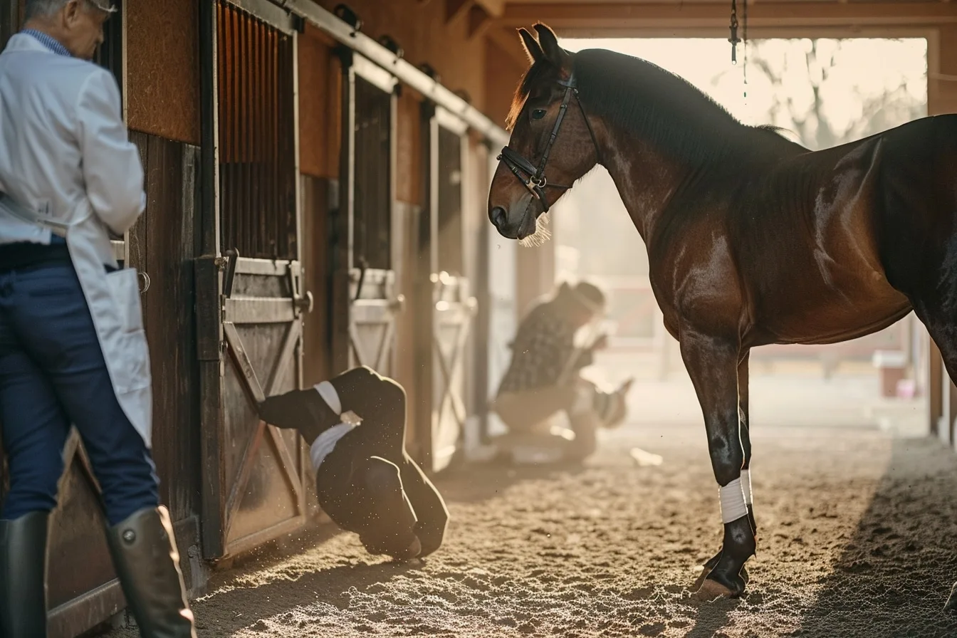 Cavalière tenant son cheval après une épreuve de concours, accompagnée par une professionnelle de santé équine.