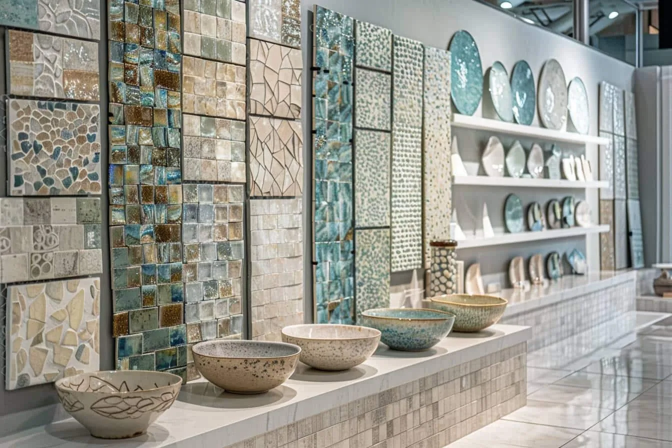 Salle de bain lumineuse mêlant carrelage mural brillant vert pâle, sol en grès cérame mat et niche en céramique texturée.