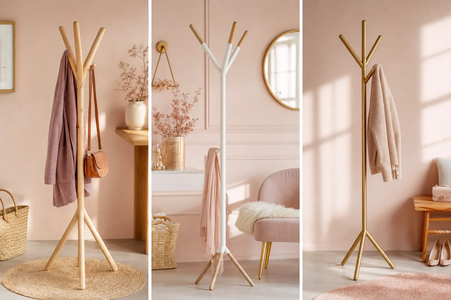Porte-manteau sur pied à trois branches en bois clair dans une entrée lumineuse et élégante.