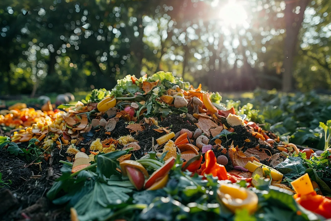 Composteur de jardin ouvert contenant un mélange équilibré de feuilles brunes, épluchures et matière organique en décomposition.