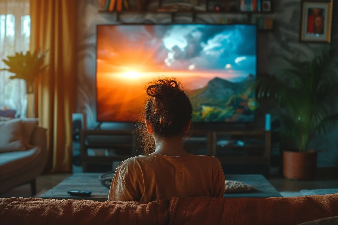 Téléviseur affichant une image numérique pixellisée en mosaïque, avec une télécommande posée devant l’écran.