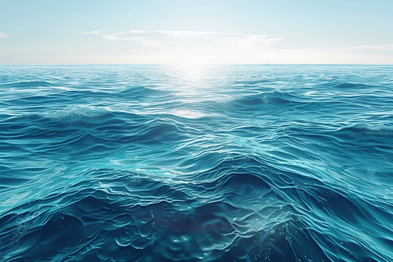 Vue aérienne d’une mer bleu profond passant au turquoise près d’une plage de sable clair.
