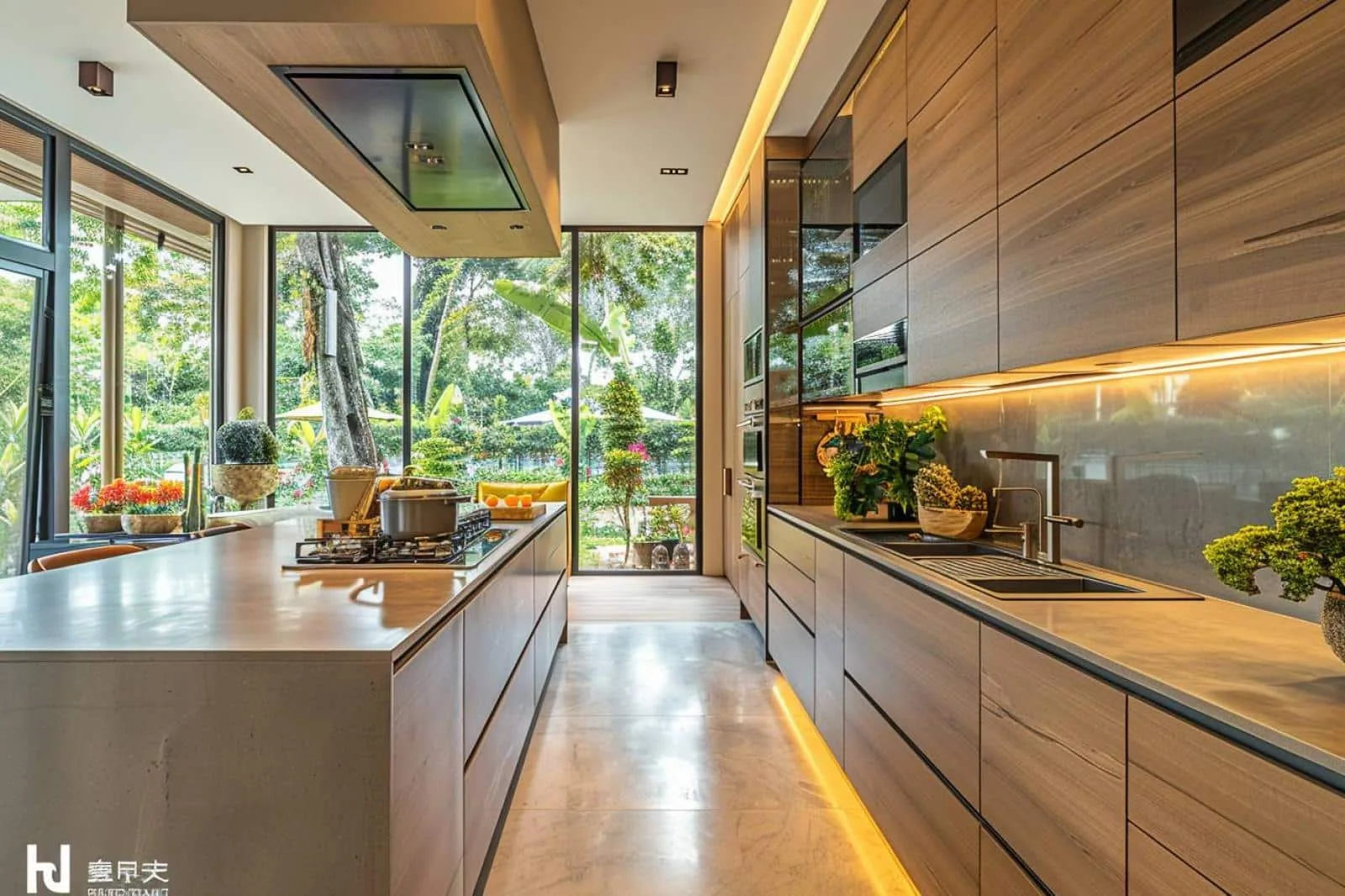 Cuisine sur mesure contemporaine avec façades mates, îlot central et plan de travail clair dans un intérieur lumineux.