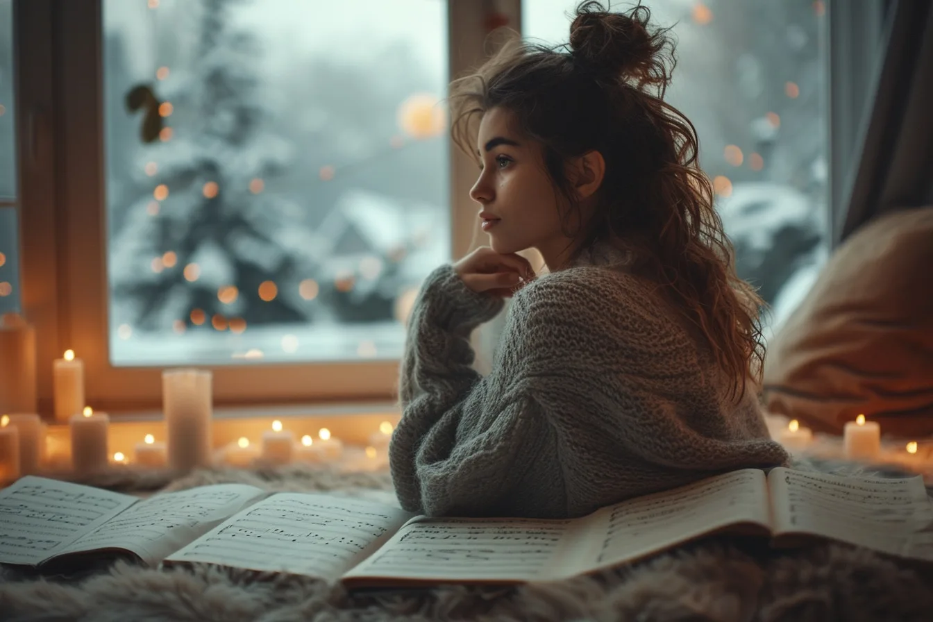 Femme portant un casque et écoutant une chanson de manière introspective près d’une fenêtre.