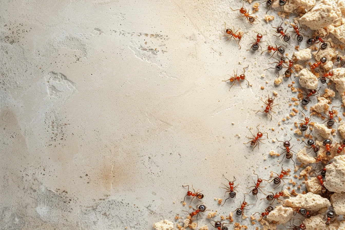 Fourmis suivant une ligne le long d’une plinthe dans une cuisine de maison.
