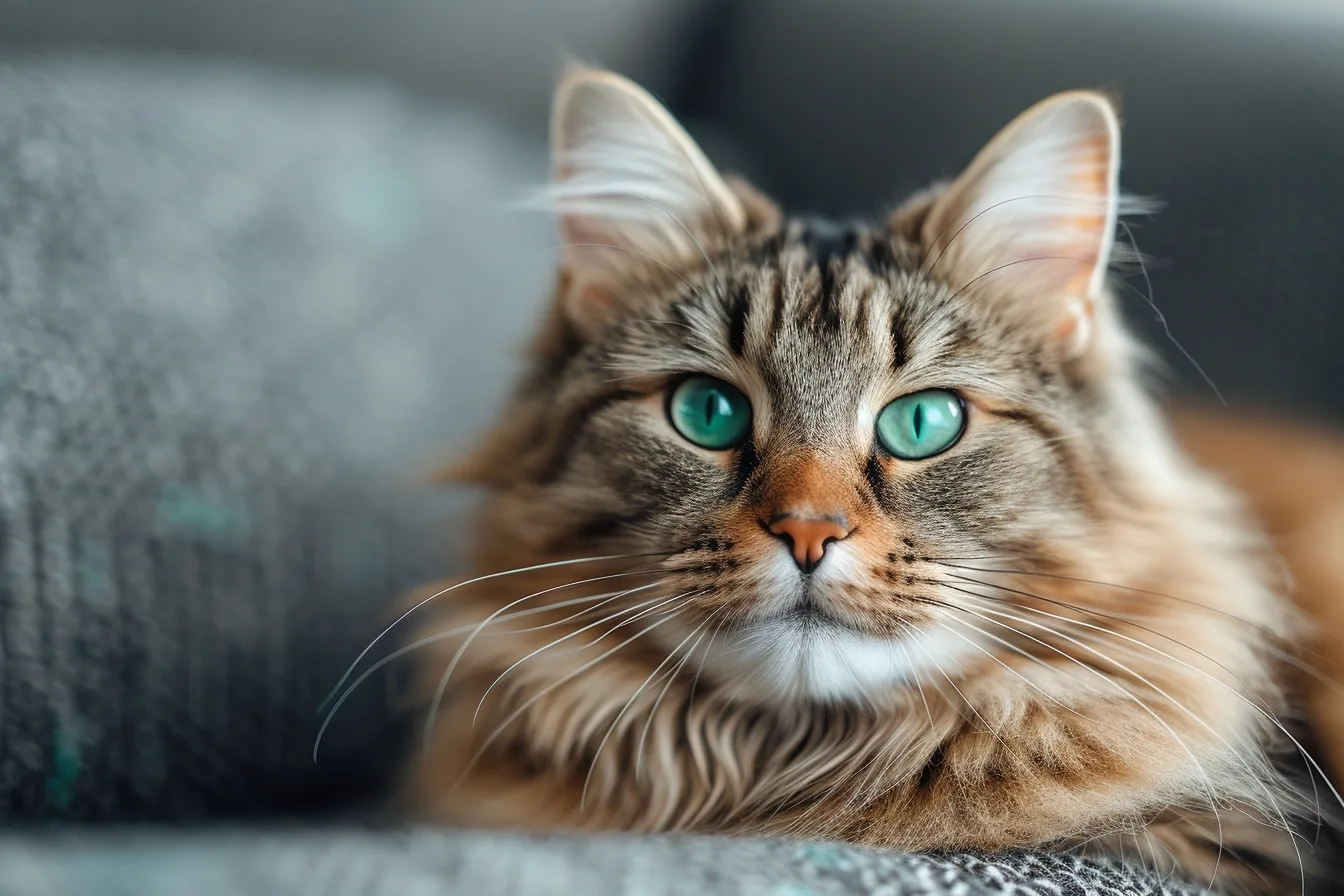Chat tigré assis près d’une fenêtre, la bouche ouverte en train de miauler vers sa propriétaire.
