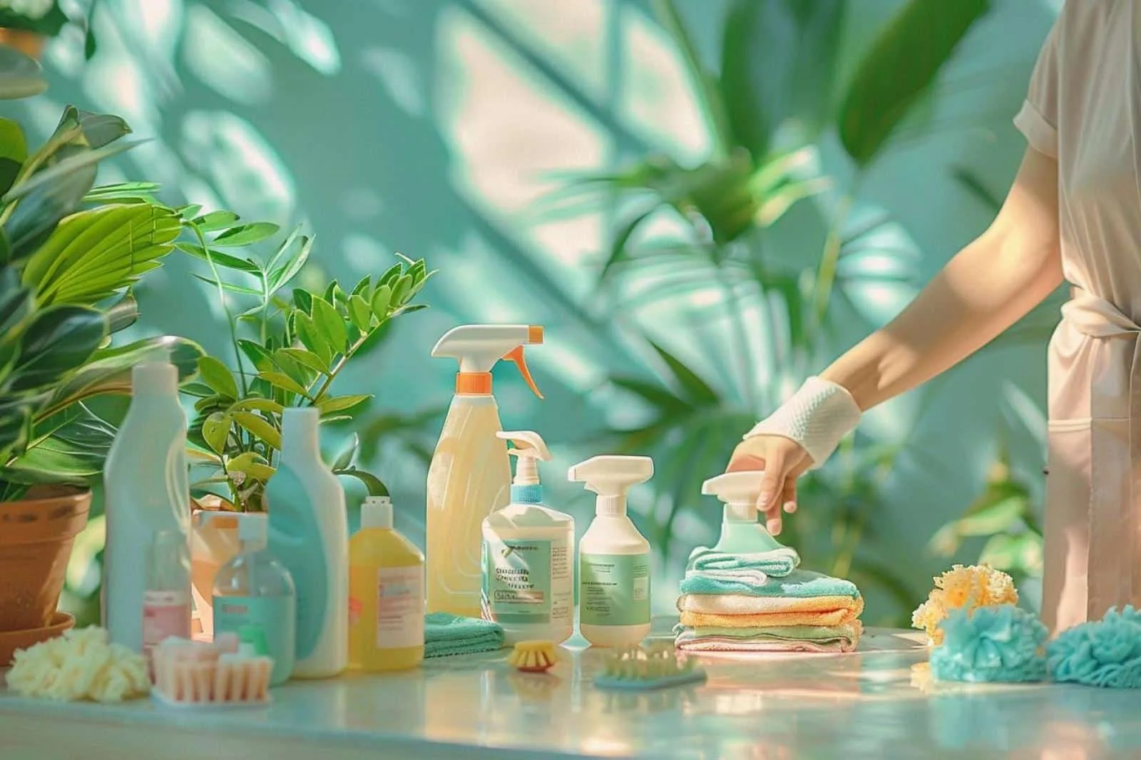 Produits ménagers écologiques réutilisables, brosses et chiffons sur une table lumineuse pour un ménage de printemps responsable.