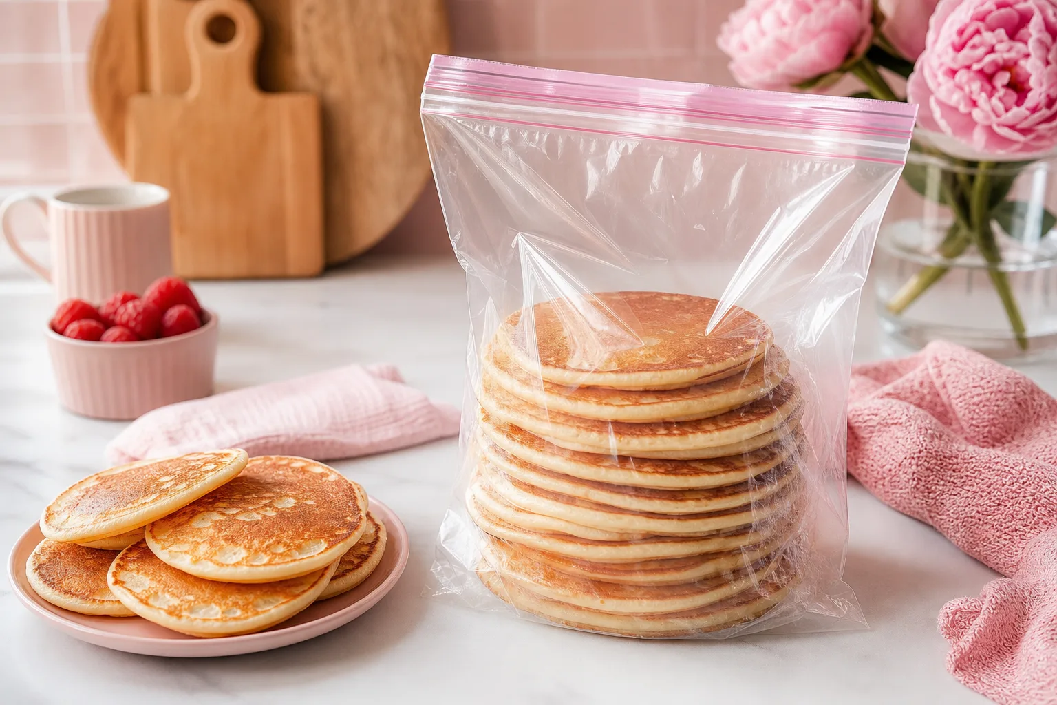 Pile de pancakes maison séparés par du papier cuisson et prêts à être placés au congélateur.