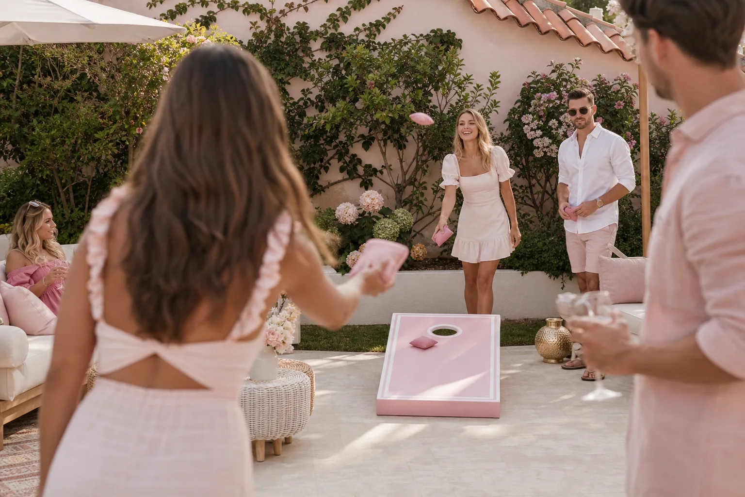 Deux plateaux de cornhole en bois et des sacs de lancer colorés installés dans un jardin pour une fête entre amis.