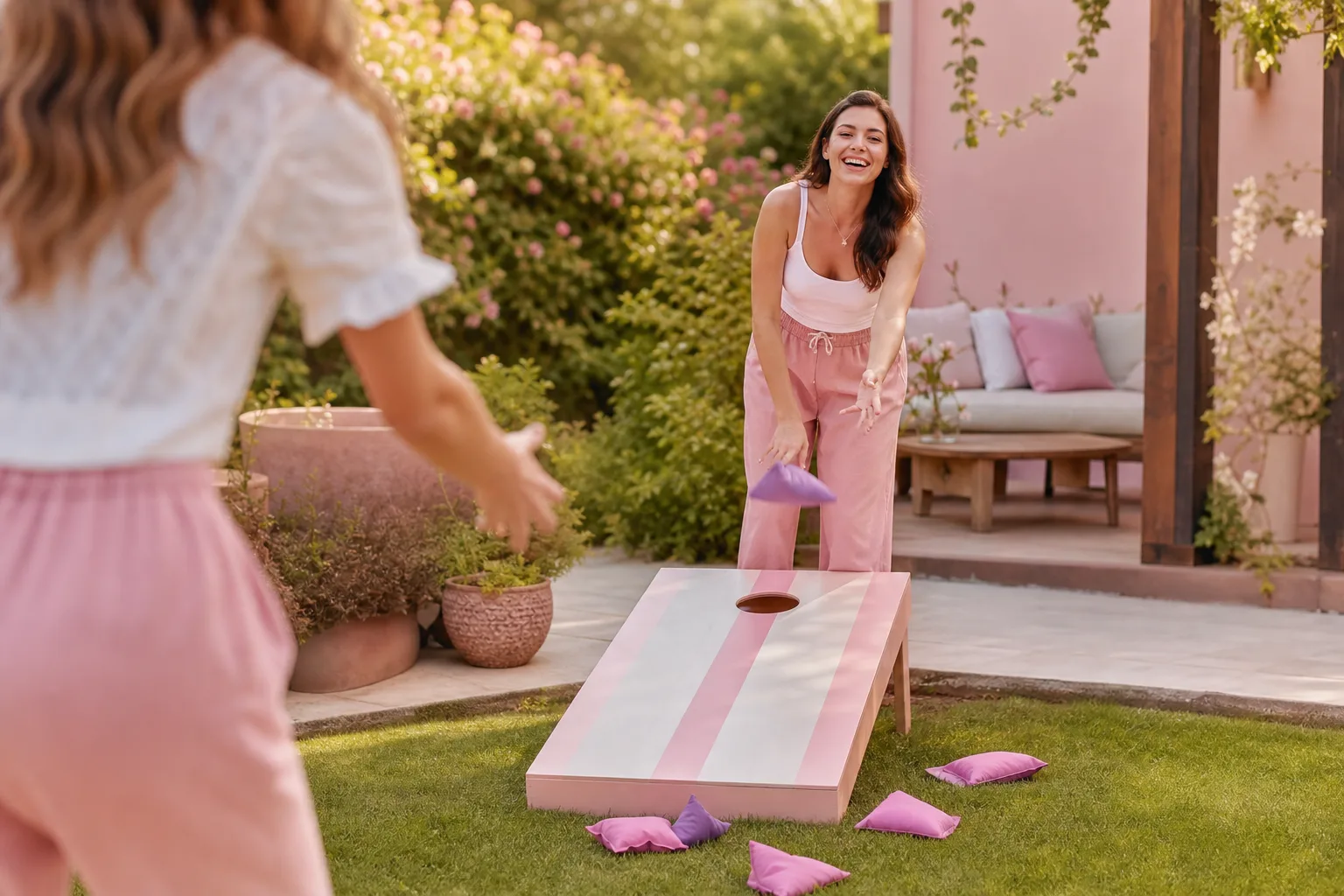 Jeu de cornhole en bois installé dans un jardin avec huit sacs colorés bleu, rose, jaune et vert prêts à être lancés.