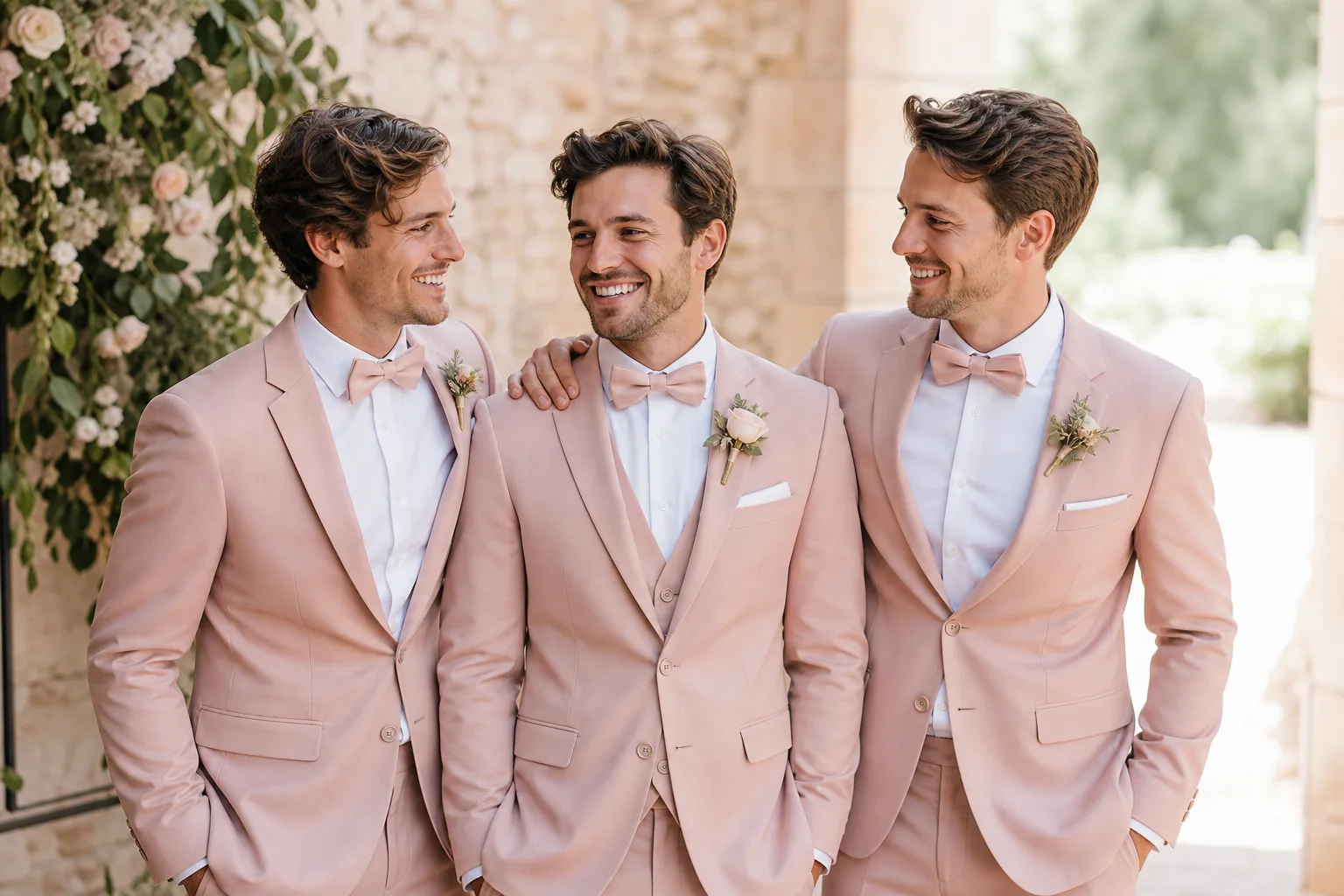 Témoin de mariage portant un costume bleu marine ajusté avec chemise blanche et cravate, lors d’une cérémonie élégante.