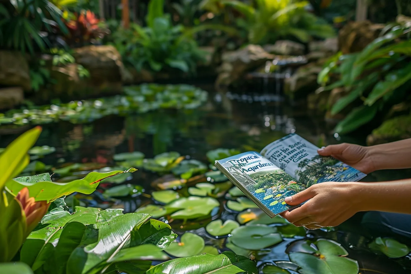 Jardin aquatique tropical avec bassin planté de nénuphars, feuillages luxuriants et cascade décorative.