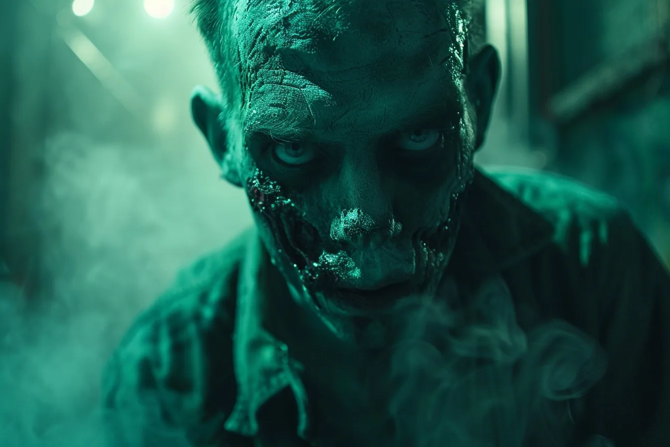 Personne portant un costume de zombie effrayant, avec vêtements déchirés, maquillage pâle et blessures factices.