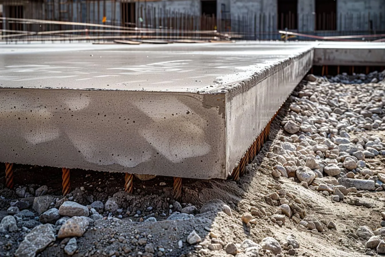 Préparation d’une dalle béton sur sol compacté avec film polyane, treillis soudé et règles de nivellement.