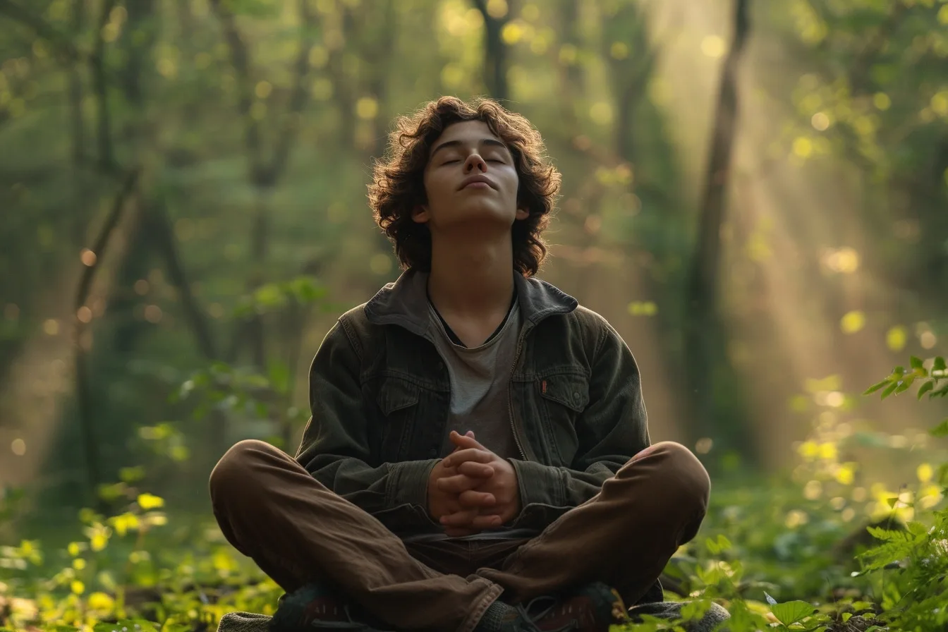 Femme assise en méditation, les yeux fermés, dans une pièce lumineuse et apaisante.