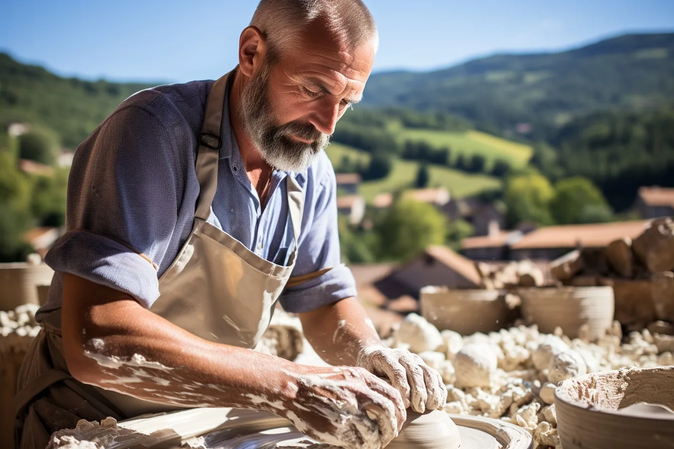 Étagères d’atelier remplies de pièces en céramique artisanale aux tons terre cuite dans le Sud de la France.