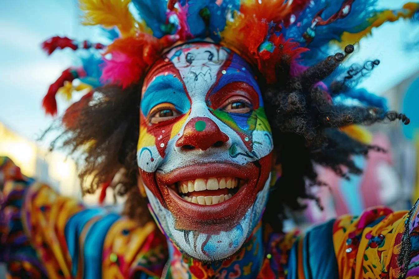 Artistes de théâtre de rue costumés jouant devant un public réuni sur une place colorée.