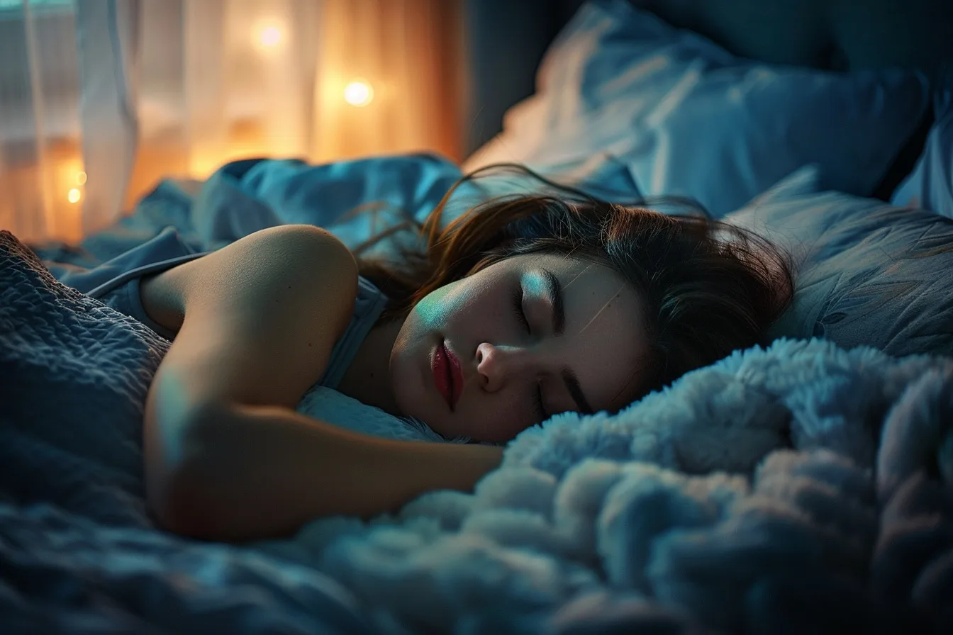 Femme endormie paisiblement dans une chambre sombre et confortable, illustrant une nuit de sommeil profond réparateur.