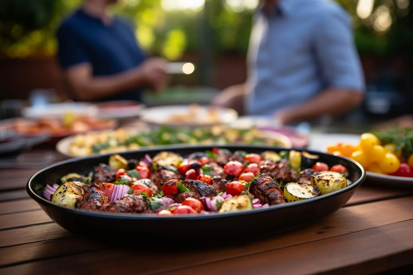 Table de barbecue végétarien estivale avec brochettes de légumes, épis de maïs, halloumi grillé, salades colorées et sauces maison.