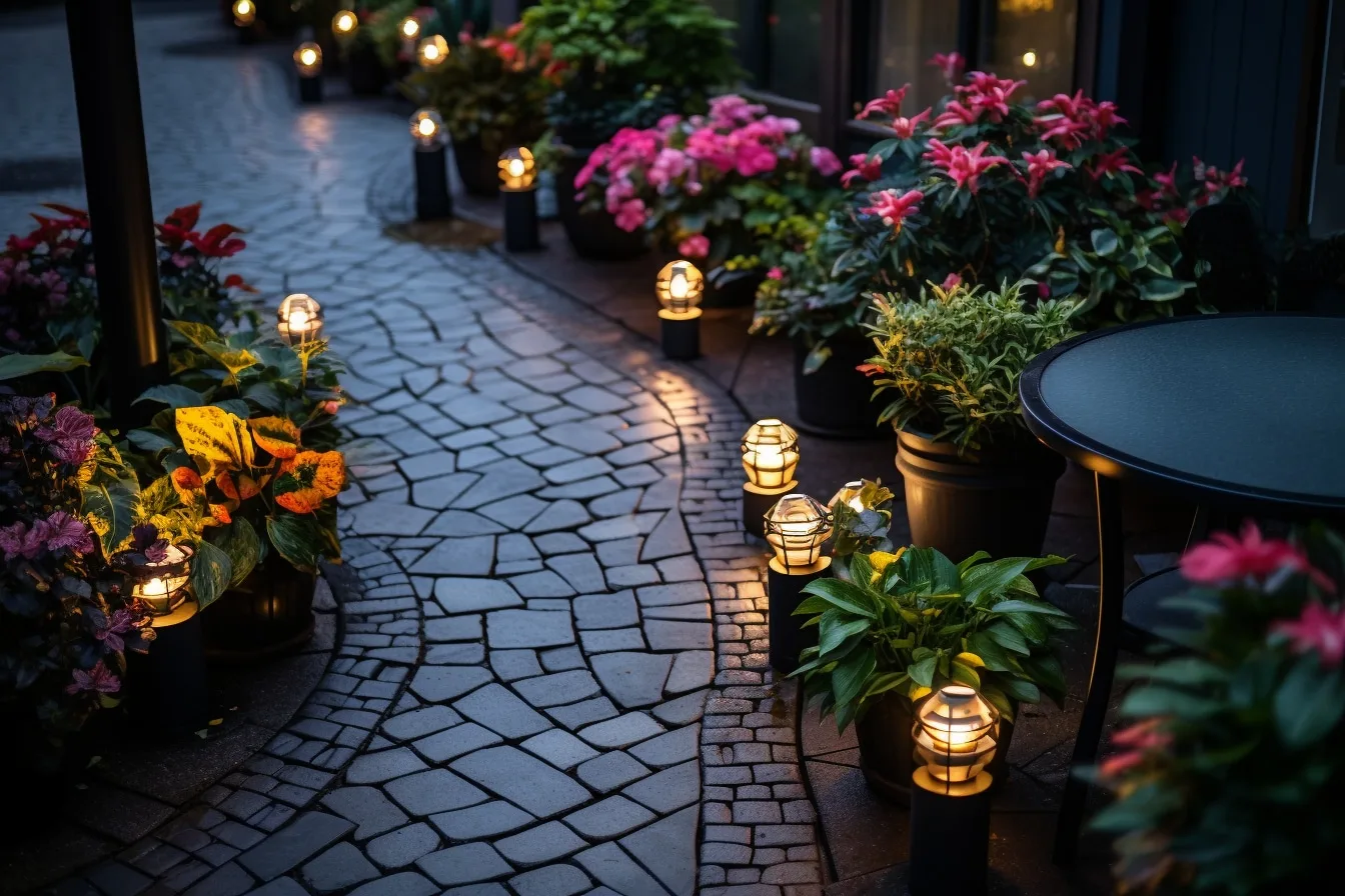 Terrasse de maison éclairée à la tombée de la nuit avec guirlandes, appliques murales et bornes lumineuses dans le jardin.