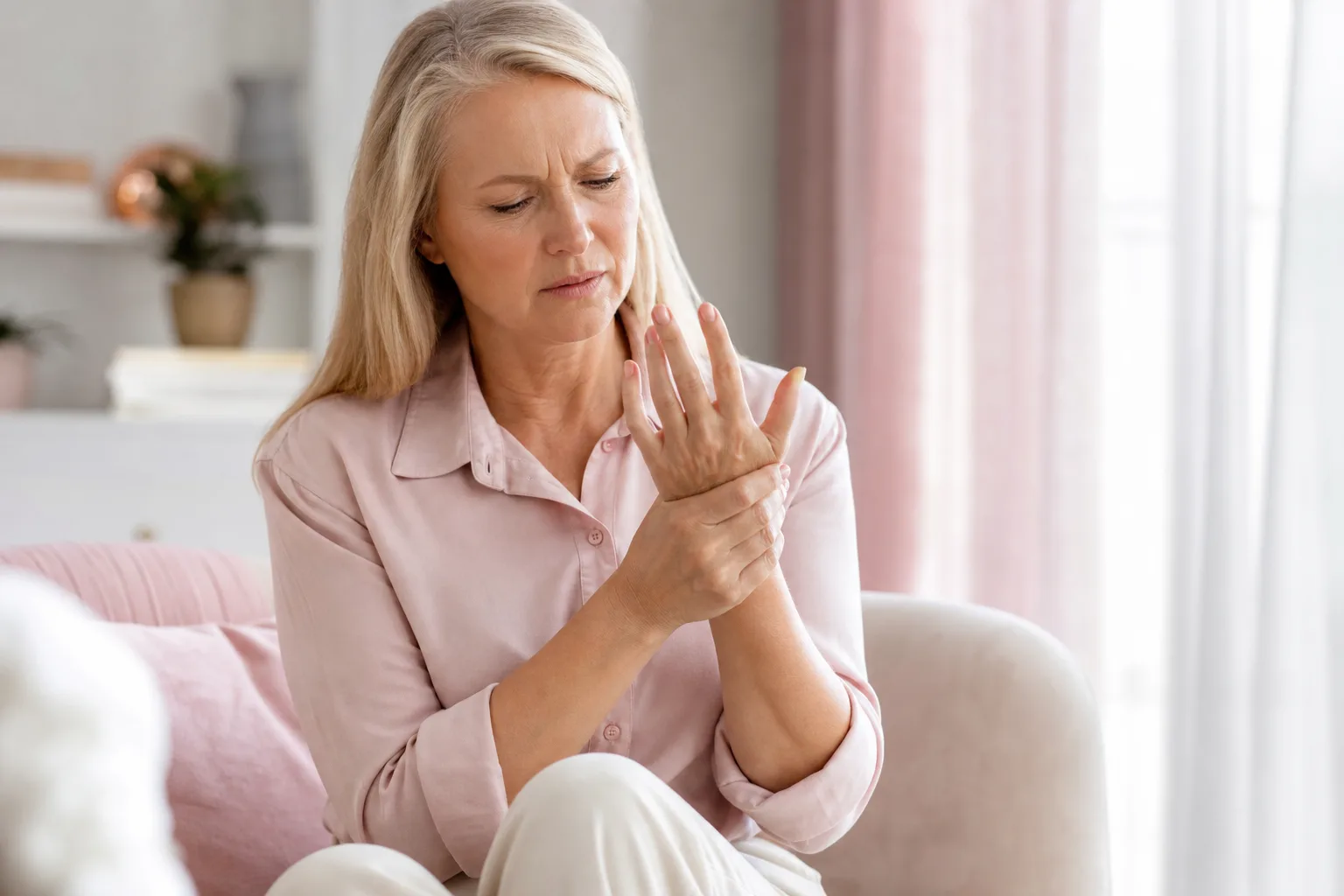 Femme adulte échangeant avec une professionnelle de santé au sujet de douleurs et raideurs articulaires.