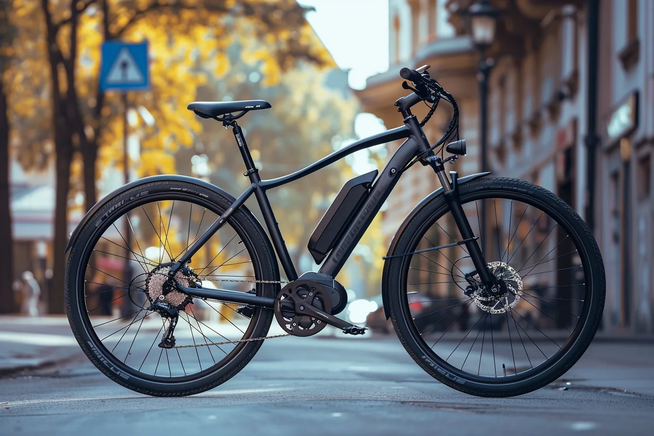 Vélo électrique urbain stationné devant une boutique de réparation et location de vélos en France.