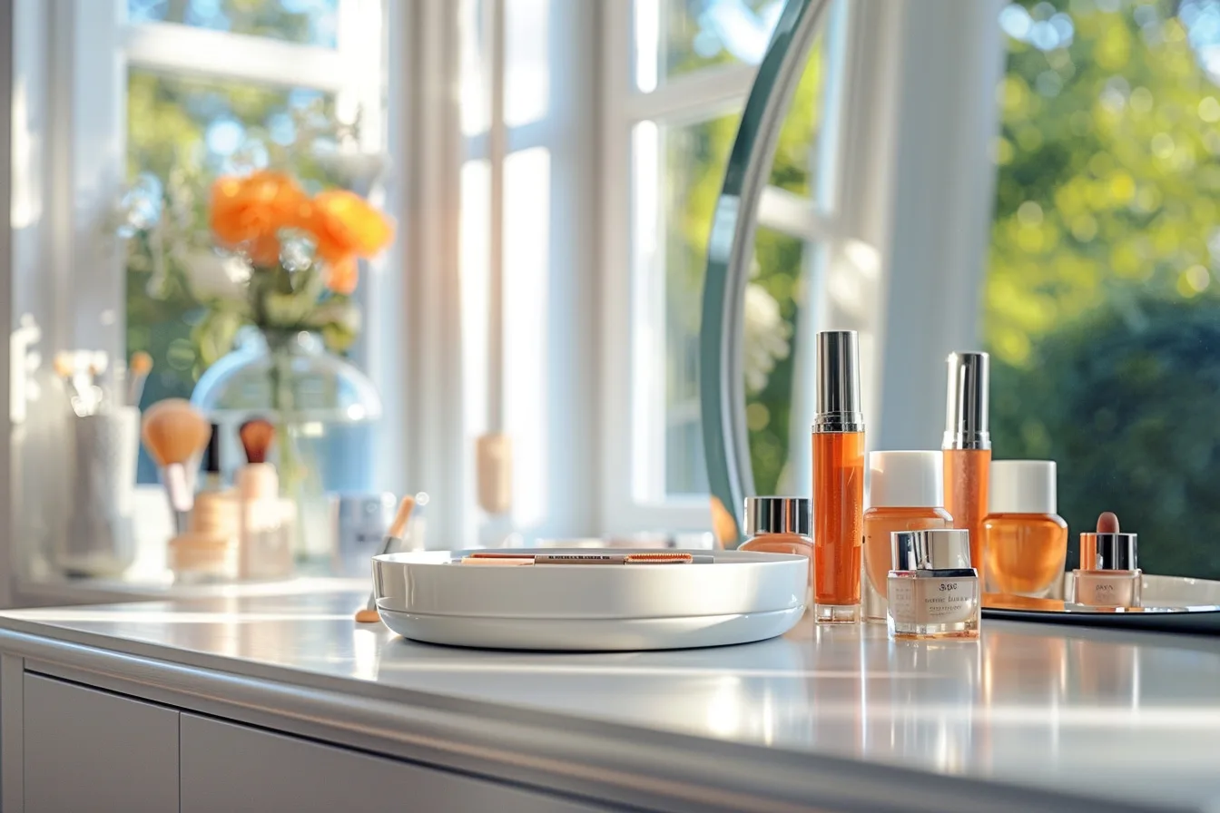 Trousse de maquillage moderne ouverte avec teint léger, blush crème, mascara, baume teinté et pinceaux sur une coiffeuse lumineuse.