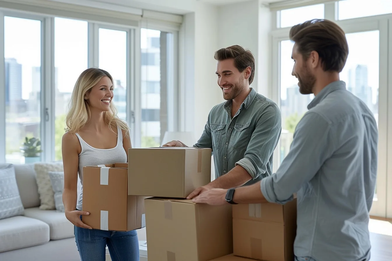 Couple organisant des cartons dans un appartement lumineux avant un déménagement à Tanger, avec vue sur la ville.