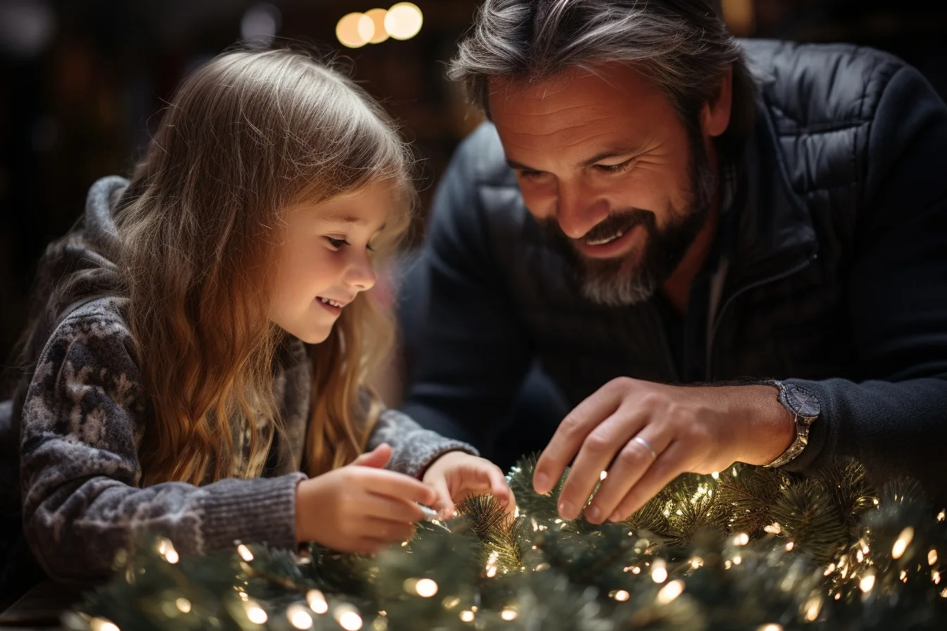 Famille réunie autour d’une table décorée pour Noël, fabriquant des décorations avec des enfants.