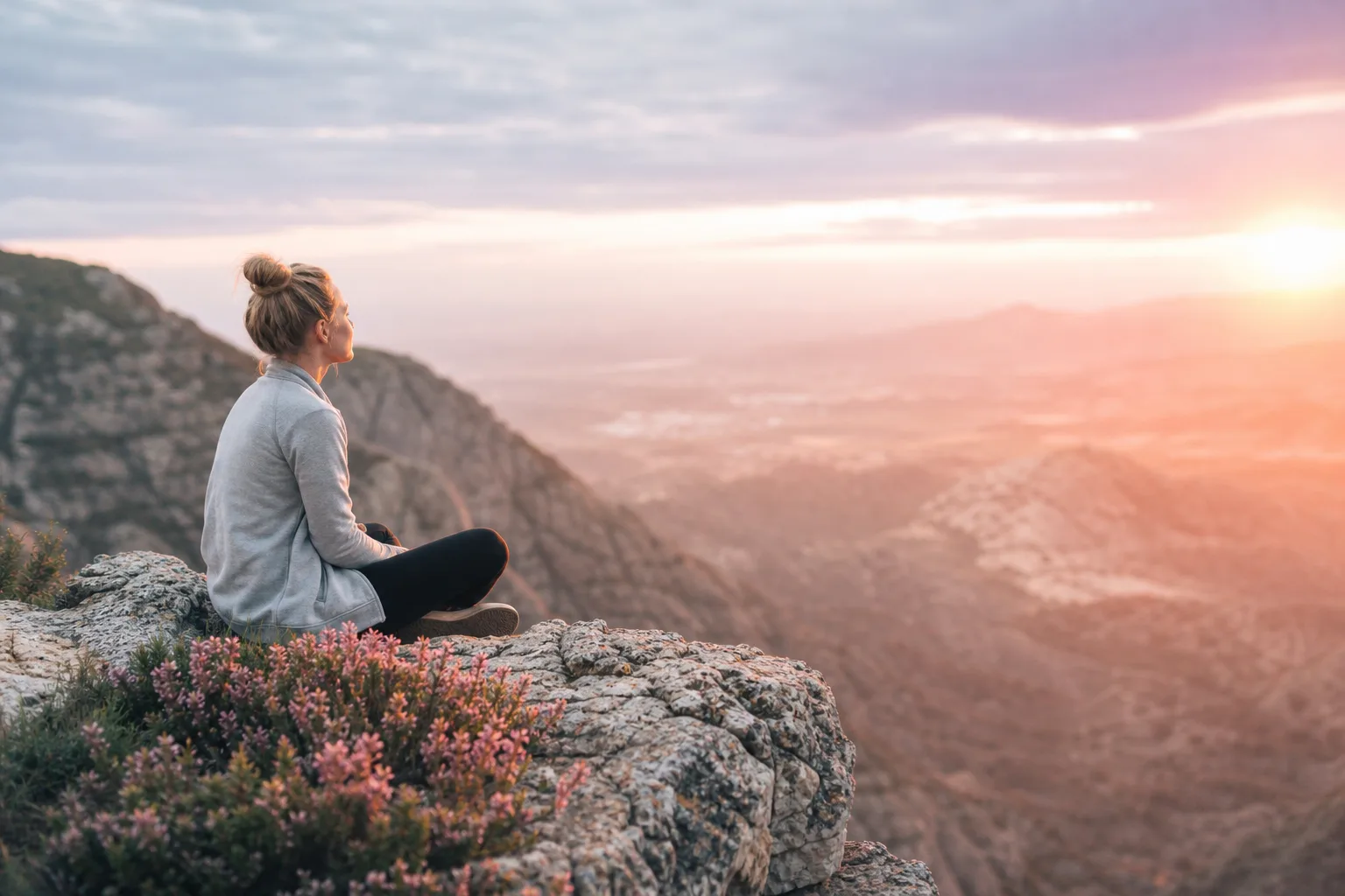 Femme assise face aux montagnes au lever du soleil, carnet de réflexion sur les genoux, lors d’un voyage introspectif.
