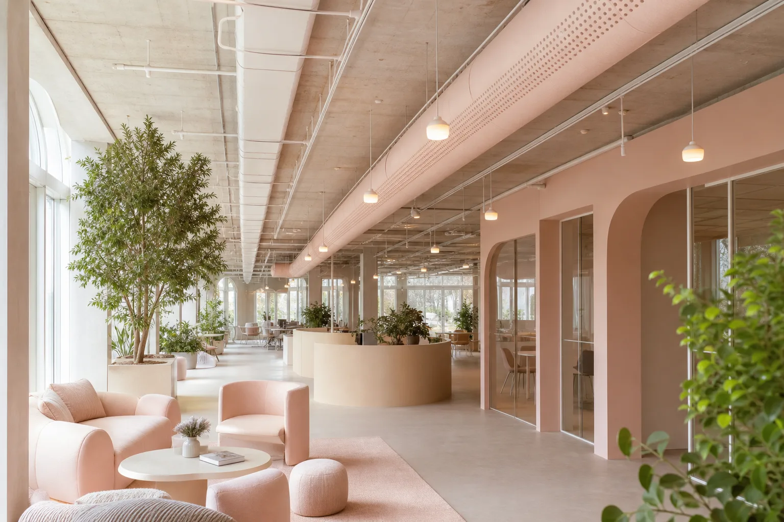 Gaine textile blanche suspendue au plafond diffusant de l’air de manière homogène dans un espace lumineux.