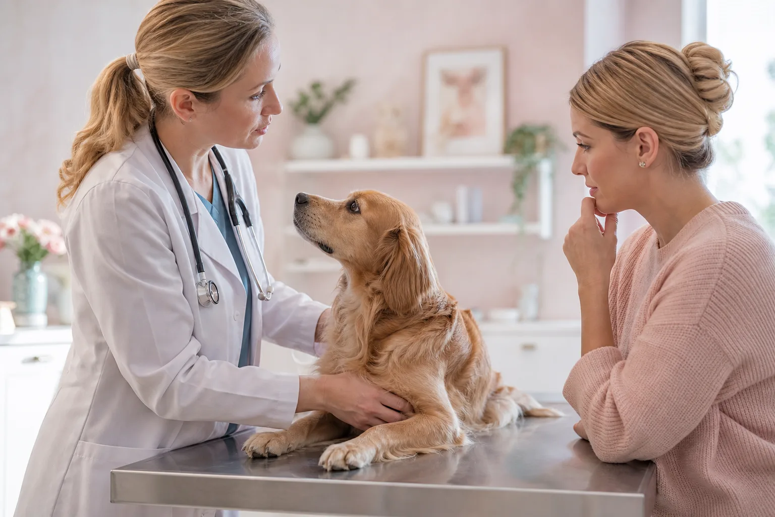 Une femme consulte l’étiquette de croquettes vétérinaires avec son chien à ses côtés, avant un rendez-vous chez le vétérinaire.