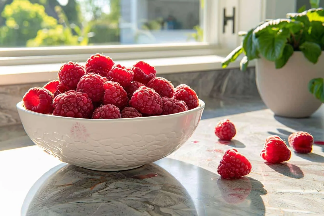 Framboises fraîches égouttées sur un linge, prêtes à être congelées en une seule couche sur une plaque.