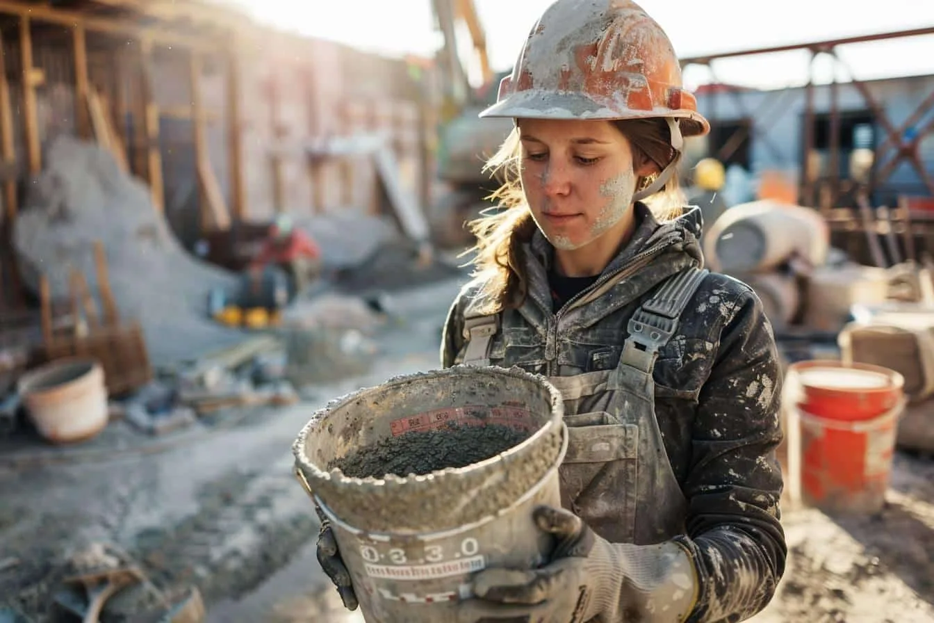 Seaux de ciment, sable, gravier et eau préparés pour réaliser un béton dosé sur un chantier domestique.