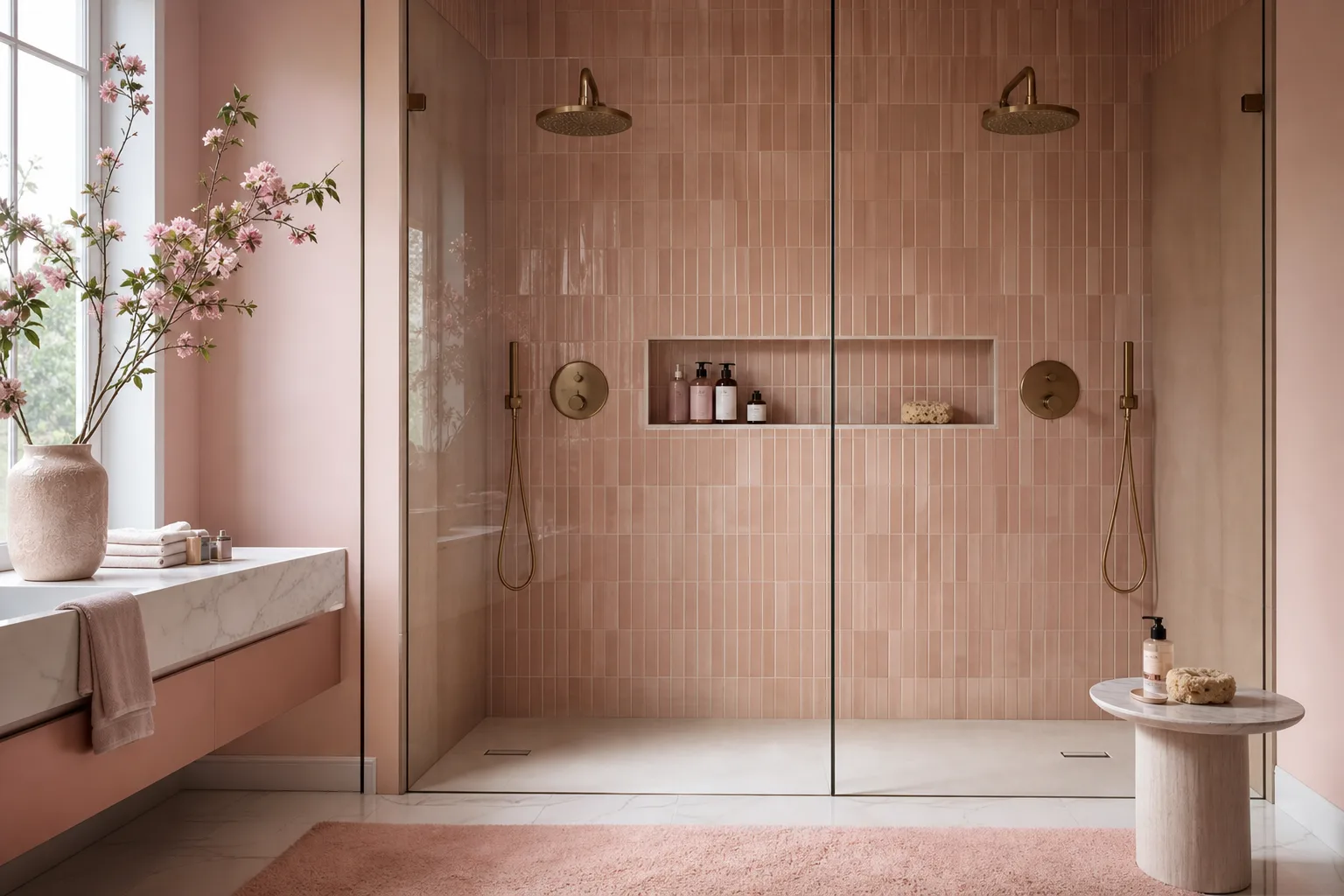 Salle de bains lumineuse avec grande double douche à l’italienne, deux colonnes de douche et paroi en verre fixe.