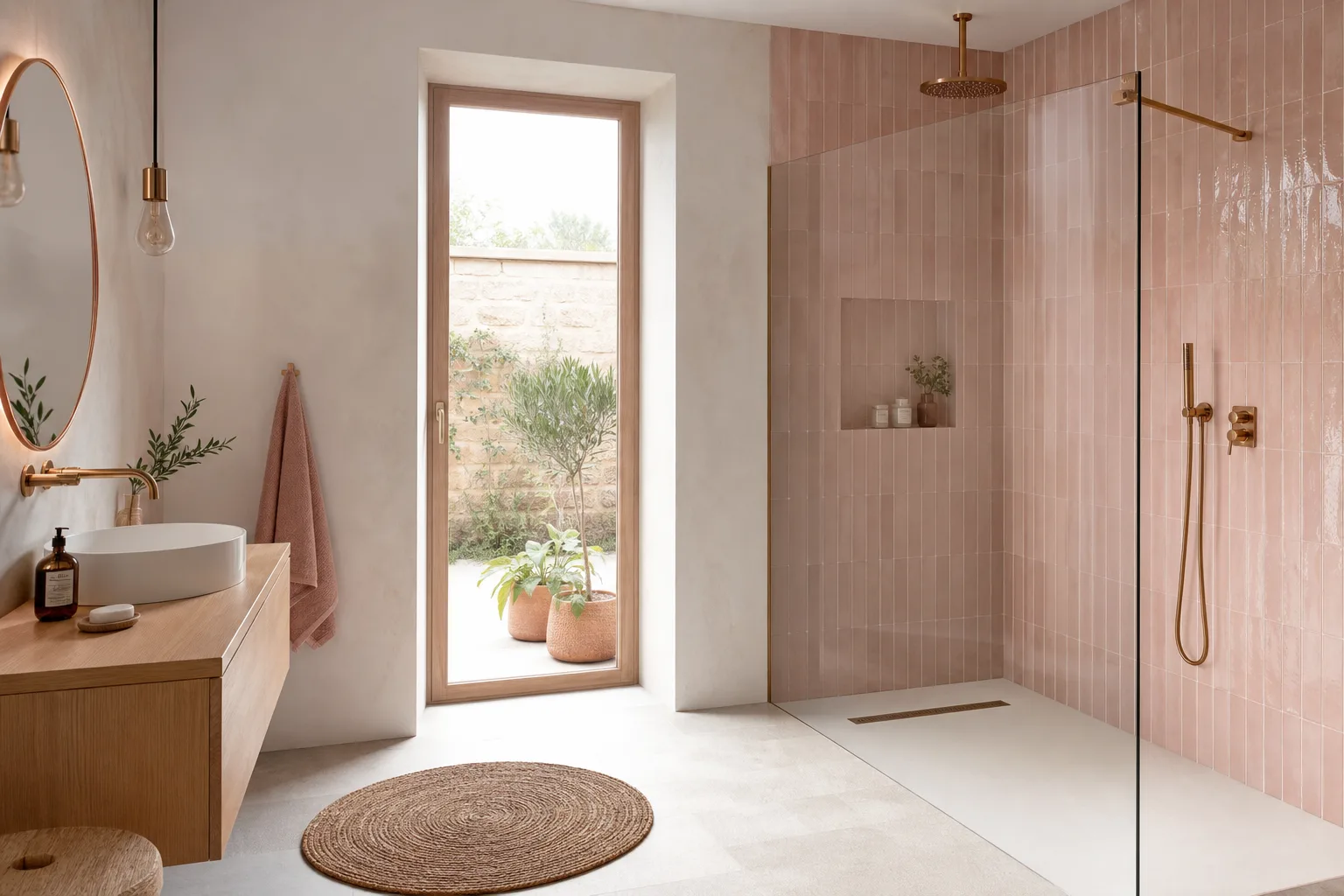 Salle de bains lumineuse avec douche ouverte de plain-pied, paroi en verre fixe, carrelage beige et robinetterie noire mate.