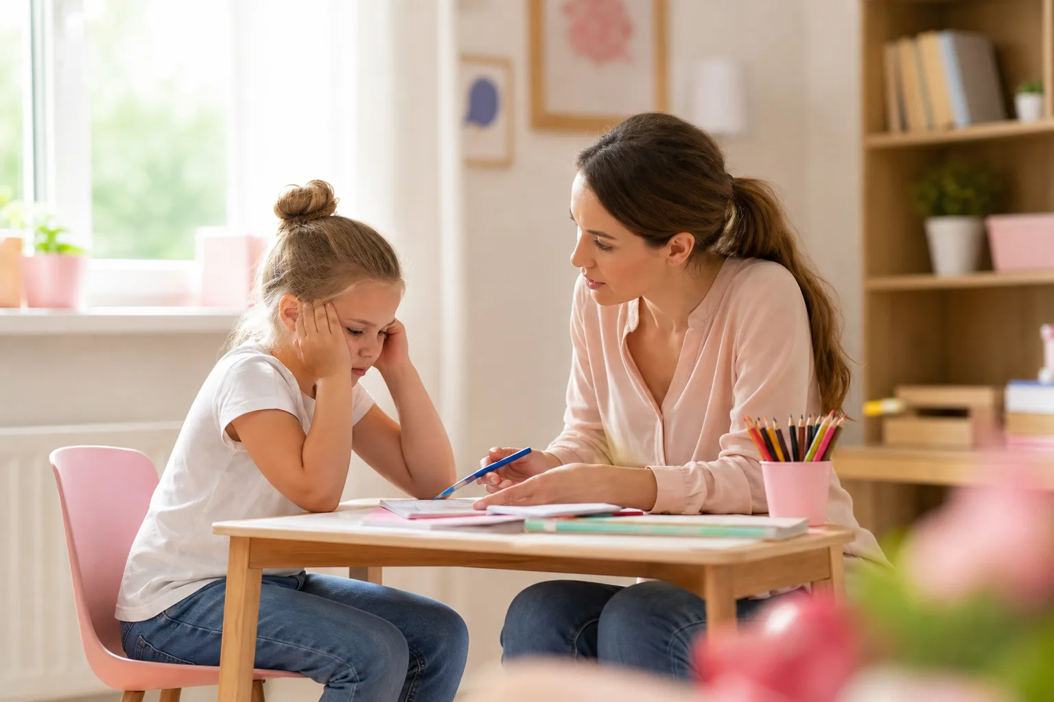 Parent et enfant observant un texte de lecture et un planning coloré sur une table, pour illustrer l’accompagnement de la dyslexie et des difficultés attentionnelles.