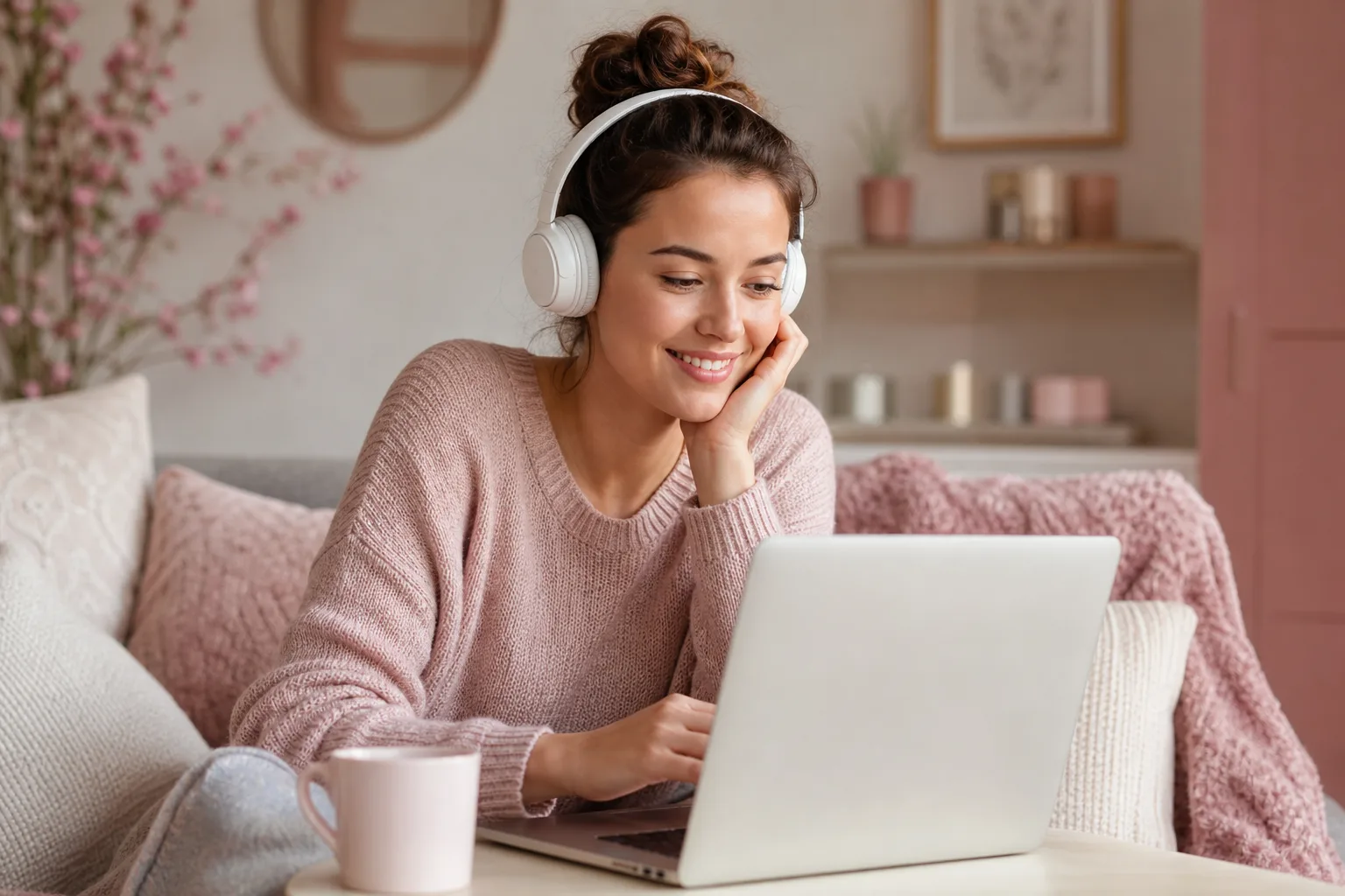 Femme écoutant une radio en ligne sur son smartphone avec un casque, dans un salon lumineux.