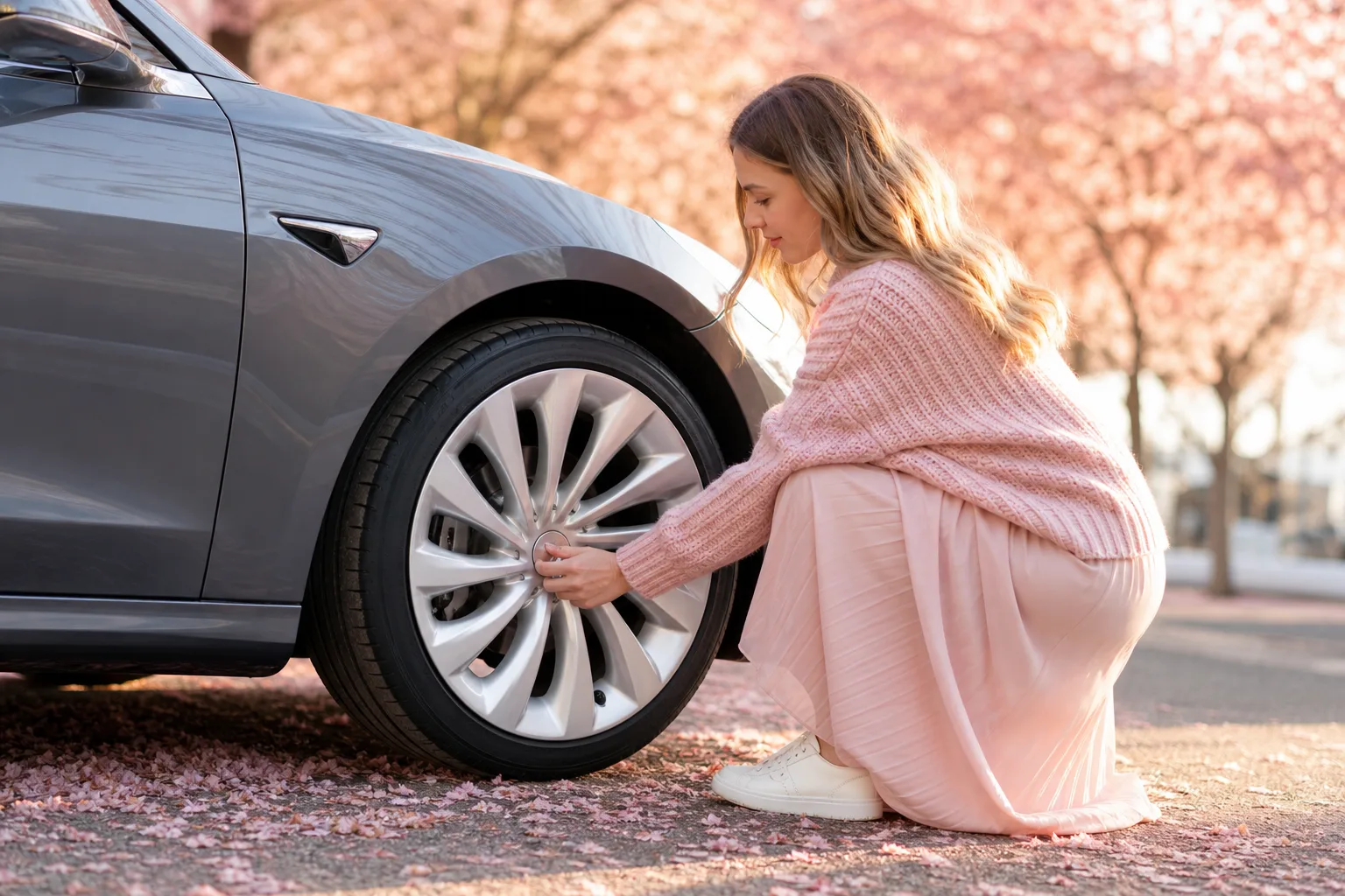 Tesla gris clair équipée d’enjoliveurs argentés style Uberturbine sur des roues de 18 pouces.