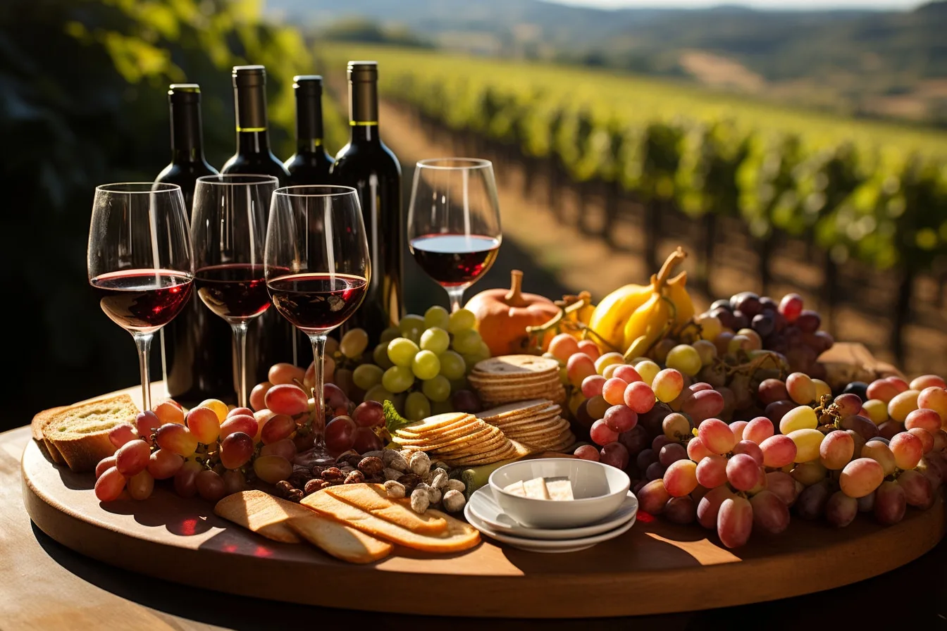 Verres de vins blancs d’Alsace servis sur une table, avec vignobles et collines alsaciennes en arrière-plan.