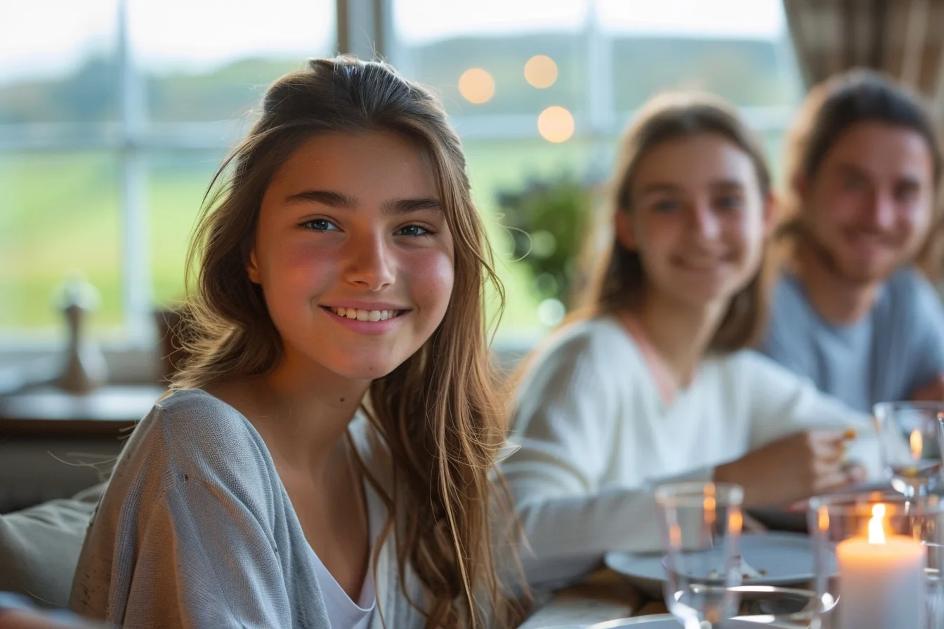 Jeune voyageuse discutant en anglais avec sa famille d’accueil autour d’une table en Angleterre.