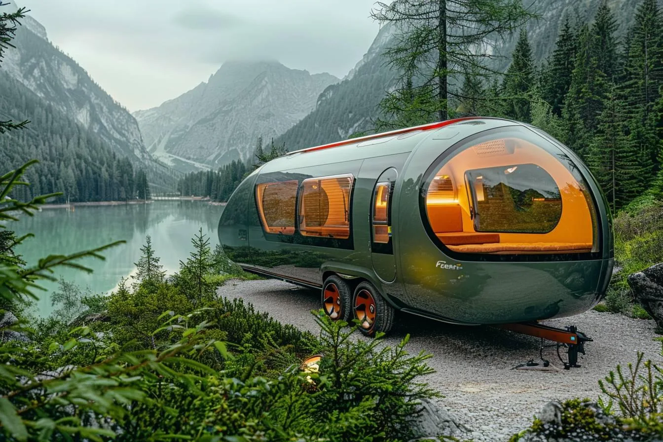 Caravane Fendt moderne installée sur un emplacement de camping arboré, prête pour un voyage confortable en famille.