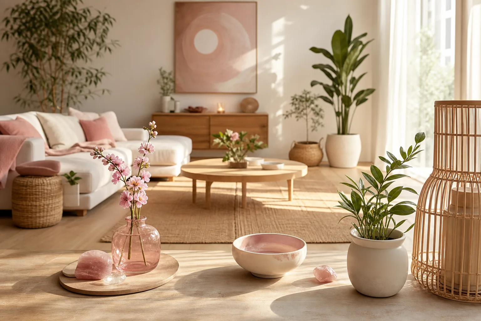 Salon lumineux et épuré aménagé selon des principes de feng shui, avec canapé, plantes et circulation dégagée.