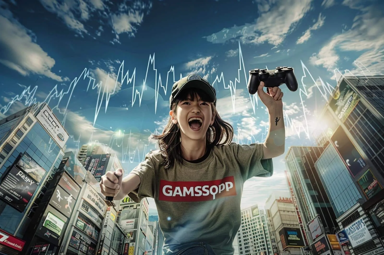 Graphique boursier en hausse sur un écran, manette de jeux vidéo et figurines illustrant l’affaire GameStop.