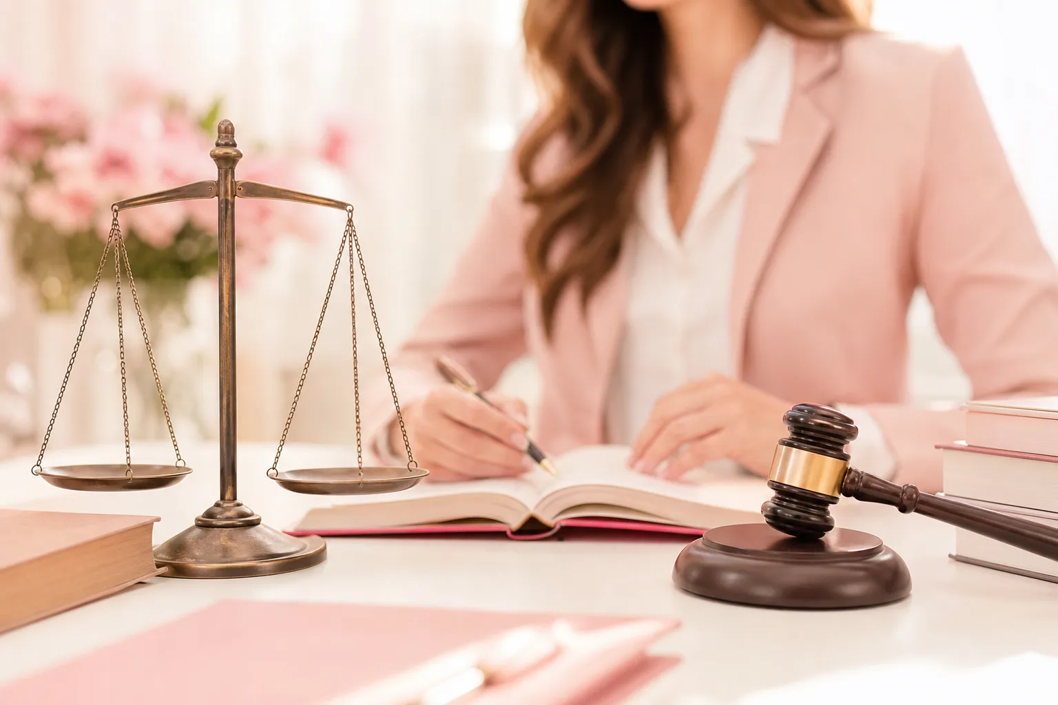 Femme consultant des documents juridiques, un contrat et un ordinateur sur un bureau lumineux.