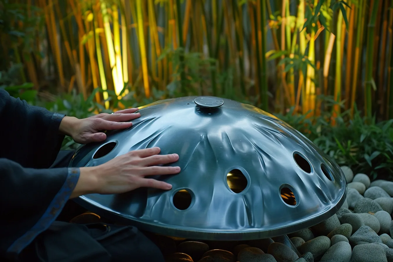 Joueuse de handpan assise, travaillant des frappes précises et des rythmes nuancés sur son instrument.