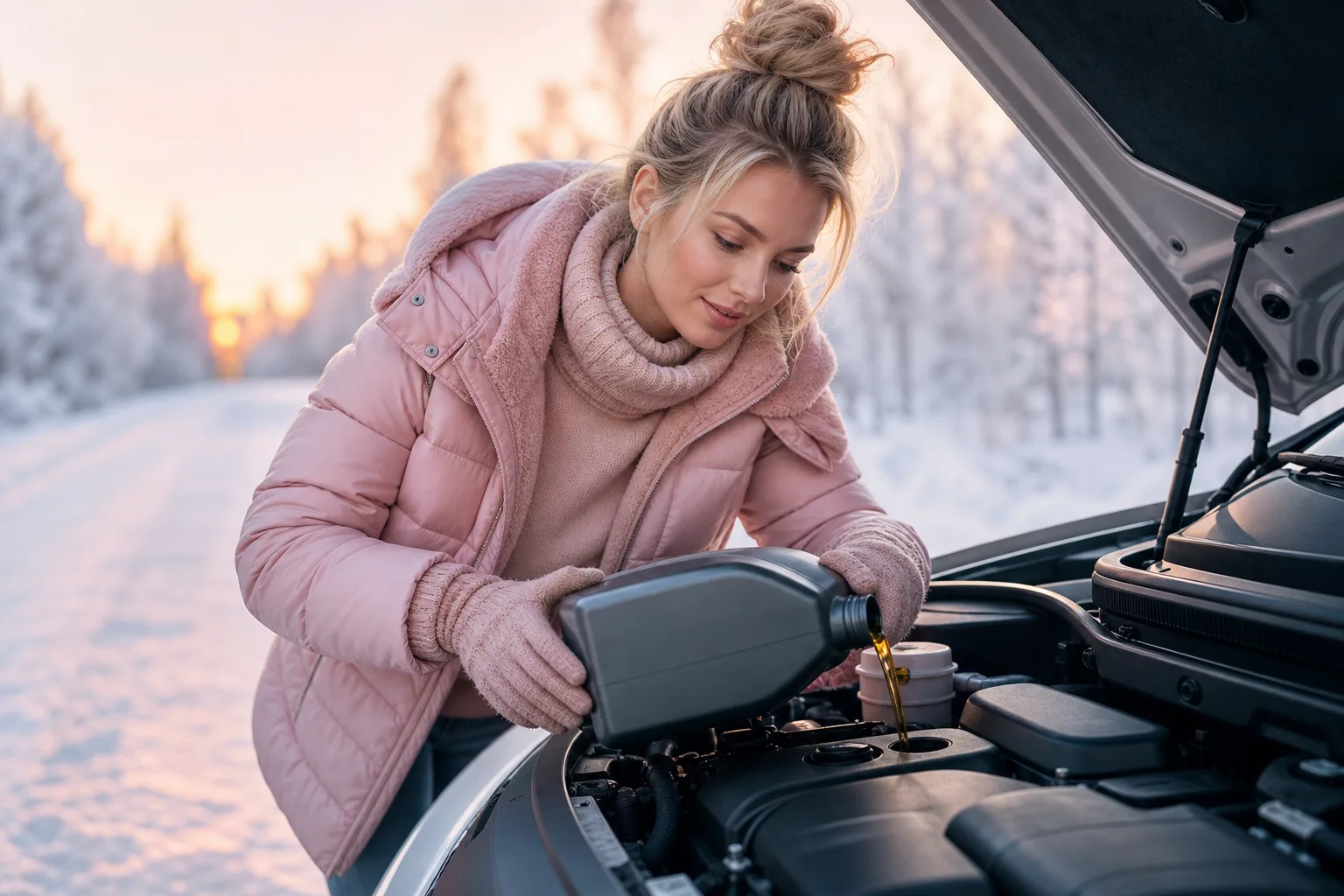 Bidon d’huile moteur 5W30 posé près d’une voiture en hiver, prêt pour un contrôle du niveau d’huile.